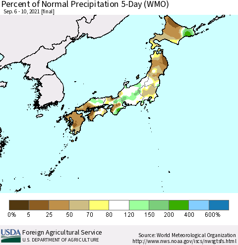 Japan Percent of Normal Precipitation 5-Day (WMO) Thematic Map For 9/6/2021 - 9/10/2021