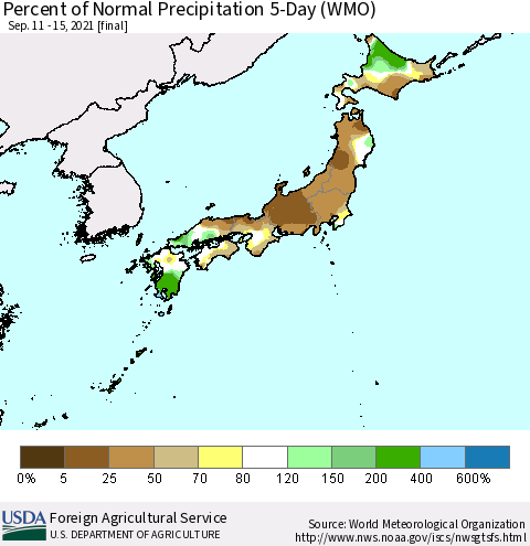 Japan Percent of Normal Precipitation 5-Day (WMO) Thematic Map For 9/11/2021 - 9/15/2021