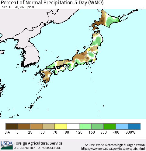 Japan Percent of Normal Precipitation 5-Day (WMO) Thematic Map For 9/16/2021 - 9/20/2021