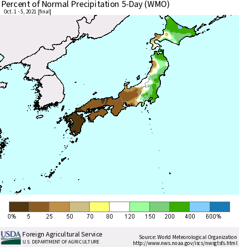 Japan Percent of Normal Precipitation 5-Day (WMO) Thematic Map For 10/1/2021 - 10/5/2021