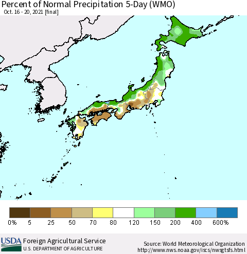 Japan Percent of Normal Precipitation 5-Day (WMO) Thematic Map For 10/16/2021 - 10/20/2021