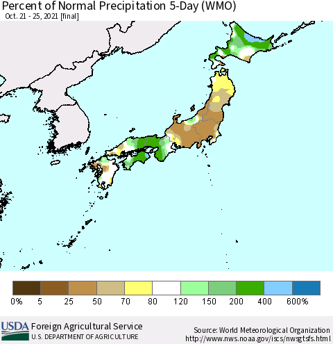 Japan Percent of Normal Precipitation 5-Day (WMO) Thematic Map For 10/21/2021 - 10/25/2021