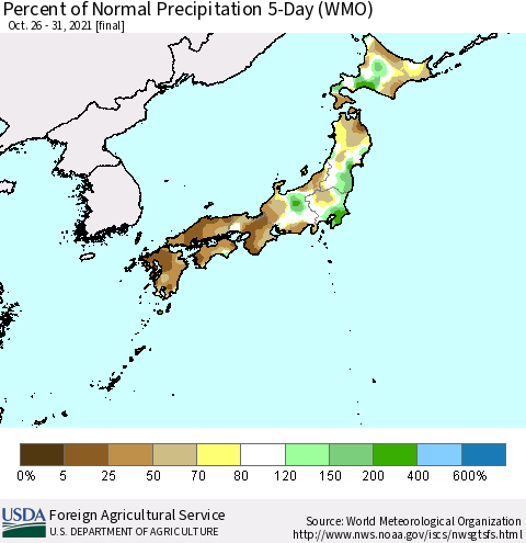 Japan Percent of Normal Precipitation 5-Day (WMO) Thematic Map For 10/26/2021 - 10/31/2021
