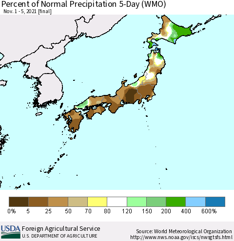 Japan Percent of Normal Precipitation 5-Day (WMO) Thematic Map For 11/1/2021 - 11/5/2021