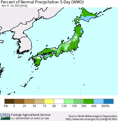 Japan Percent of Normal Precipitation 5-Day (WMO) Thematic Map For 11/6/2021 - 11/10/2021