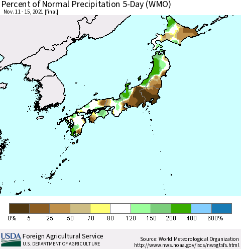 Japan Percent of Normal Precipitation 5-Day (WMO) Thematic Map For 11/11/2021 - 11/15/2021