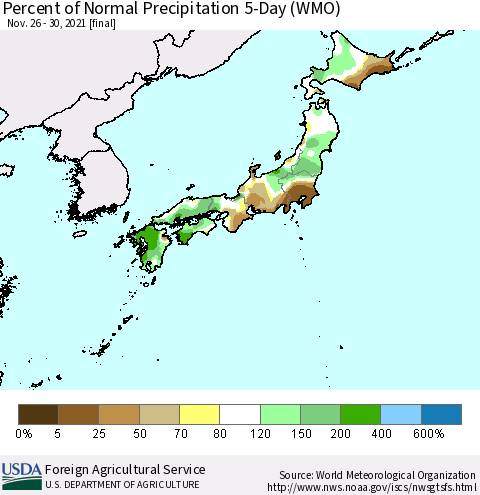 Japan Percent of Normal Precipitation 5-Day (WMO) Thematic Map For 11/26/2021 - 11/30/2021