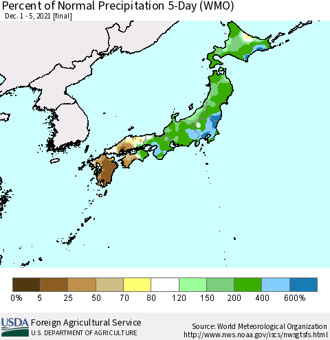 Japan Percent of Normal Precipitation 5-Day (WMO) Thematic Map For 12/1/2021 - 12/5/2021