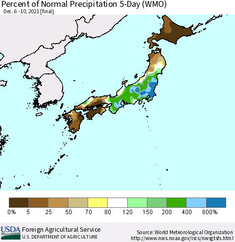 Japan Percent of Normal Precipitation 5-Day (WMO) Thematic Map For 12/6/2021 - 12/10/2021