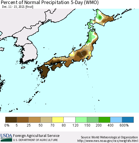 Japan Percent of Normal Precipitation 5-Day (WMO) Thematic Map For 12/11/2021 - 12/15/2021