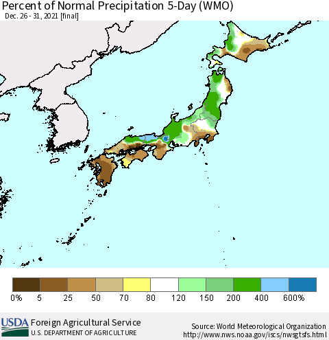 Japan Percent of Normal Precipitation 5-Day (WMO) Thematic Map For 12/26/2021 - 12/31/2021
