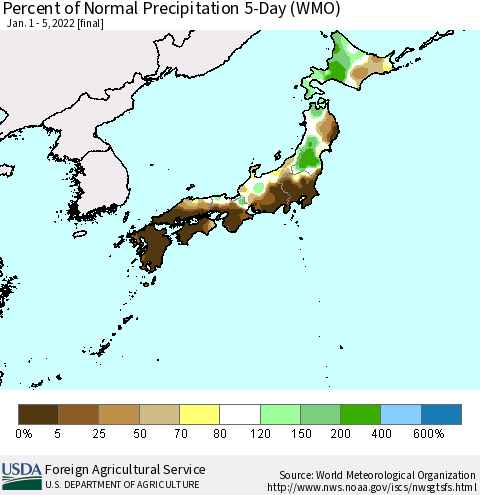 Japan Percent of Normal Precipitation 5-Day (WMO) Thematic Map For 1/1/2022 - 1/5/2022