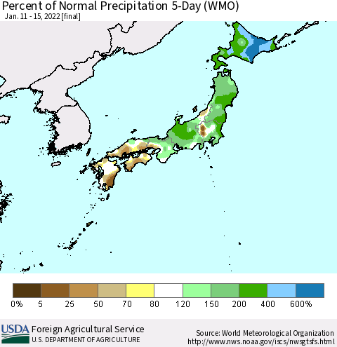 Japan Percent of Normal Precipitation 5-Day (WMO) Thematic Map For 1/11/2022 - 1/15/2022