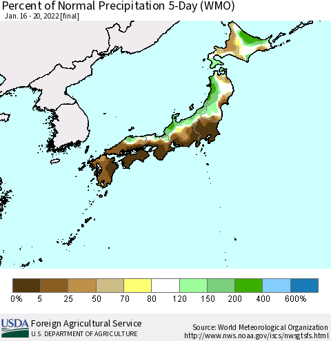 Japan Percent of Normal Precipitation 5-Day (WMO) Thematic Map For 1/16/2022 - 1/20/2022