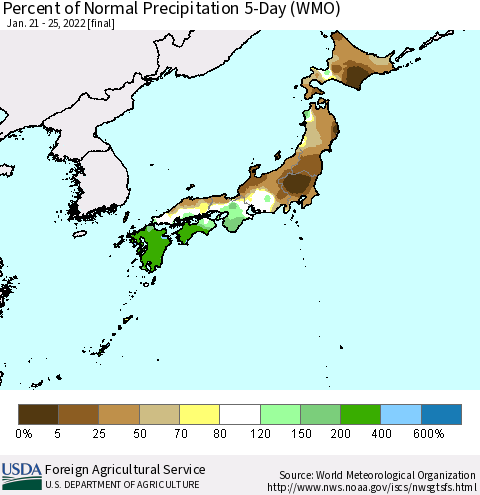 Japan Percent of Normal Precipitation 5-Day (WMO) Thematic Map For 1/21/2022 - 1/25/2022