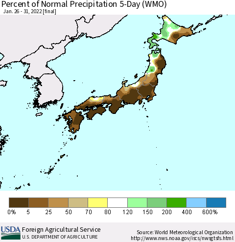 Japan Percent of Normal Precipitation 5-Day (WMO) Thematic Map For 1/26/2022 - 1/31/2022