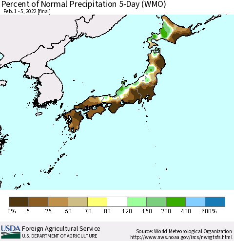 Japan Percent of Normal Precipitation 5-Day (WMO) Thematic Map For 2/1/2022 - 2/5/2022