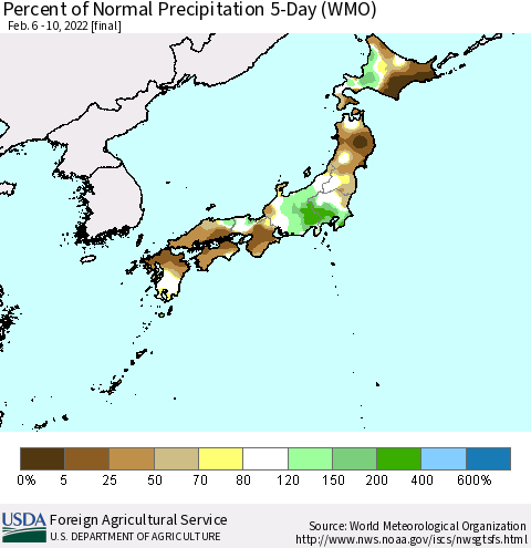 Japan Percent of Normal Precipitation 5-Day (WMO) Thematic Map For 2/6/2022 - 2/10/2022