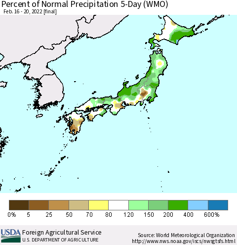 Japan Percent of Normal Precipitation 5-Day (WMO) Thematic Map For 2/16/2022 - 2/20/2022
