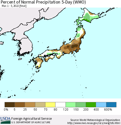 Japan Percent of Normal Precipitation 5-Day (WMO) Thematic Map For 3/1/2022 - 3/5/2022