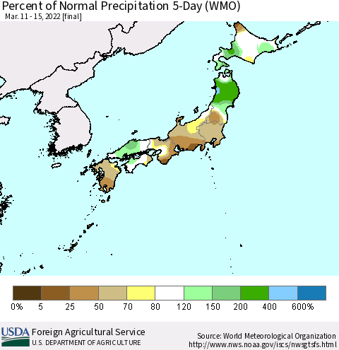 Japan Percent of Normal Precipitation 5-Day (WMO) Thematic Map For 3/11/2022 - 3/15/2022