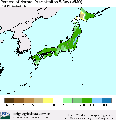 Japan Percent of Normal Precipitation 5-Day (WMO) Thematic Map For 3/16/2022 - 3/20/2022
