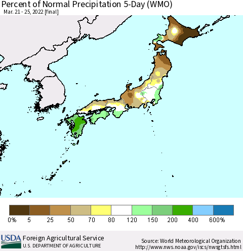 Japan Percent of Normal Precipitation 5-Day (WMO) Thematic Map For 3/21/2022 - 3/25/2022