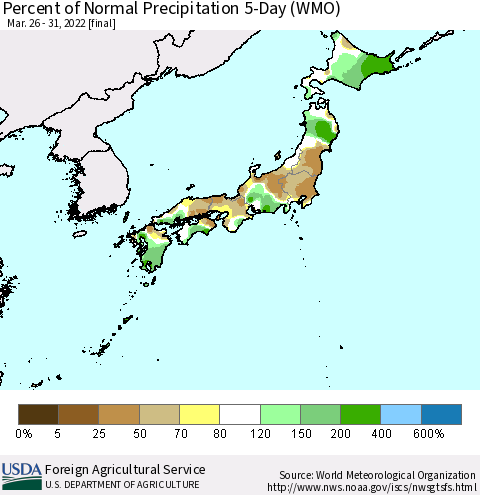Japan Percent of Normal Precipitation 5-Day (WMO) Thematic Map For 3/26/2022 - 3/31/2022