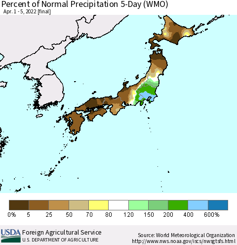 Japan Percent of Normal Precipitation 5-Day (WMO) Thematic Map For 4/1/2022 - 4/5/2022
