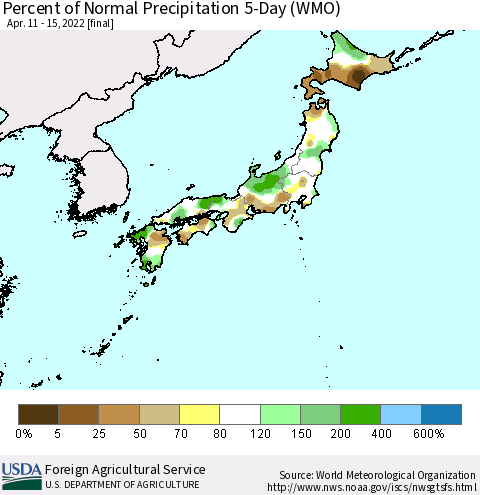Japan Percent of Normal Precipitation 5-Day (WMO) Thematic Map For 4/11/2022 - 4/15/2022