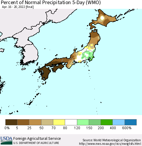 Japan Percent of Normal Precipitation 5-Day (WMO) Thematic Map For 4/16/2022 - 4/20/2022