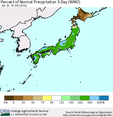 Japan Percent of Normal Precipitation 5-Day (WMO) Thematic Map For 4/26/2022 - 4/30/2022