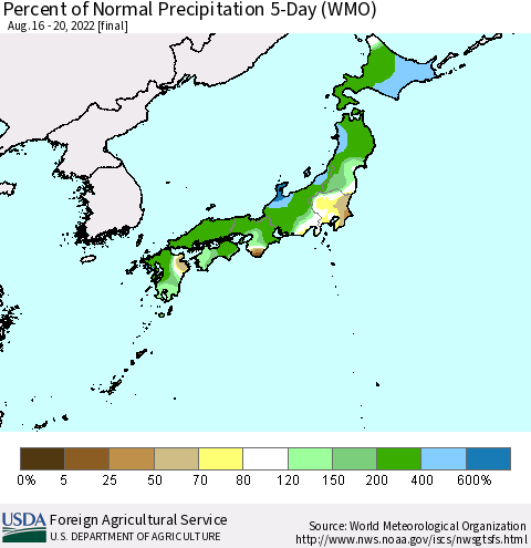 Japan Percent of Normal Precipitation 5-Day (WMO) Thematic Map For 8/16/2022 - 8/20/2022