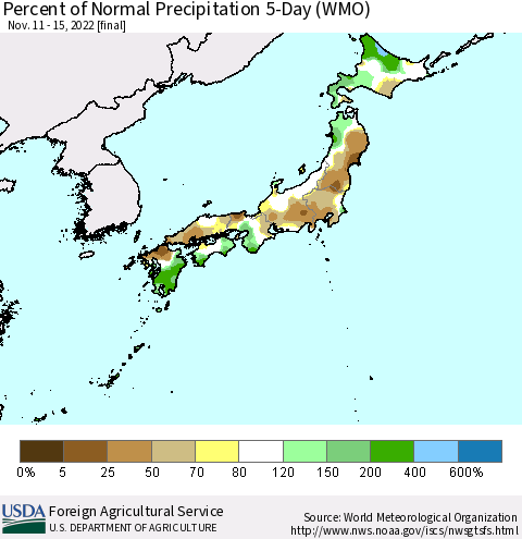 Japan Percent of Normal Precipitation 5-Day (WMO) Thematic Map For 11/11/2022 - 11/15/2022