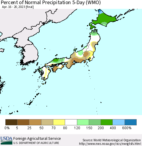 Japan Percent of Normal Precipitation 5-Day (WMO) Thematic Map For 4/16/2023 - 4/20/2023