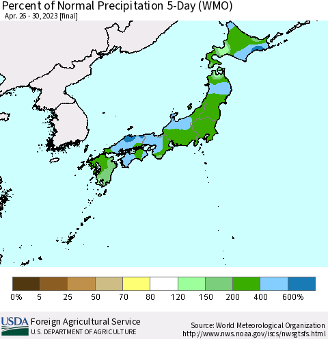 Japan Percent of Normal Precipitation 5-Day (WMO) Thematic Map For 4/26/2023 - 4/30/2023