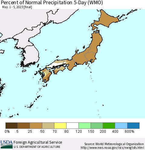 Japan Percent of Normal Precipitation 5-Day (WMO) Thematic Map For 5/1/2023 - 5/5/2023