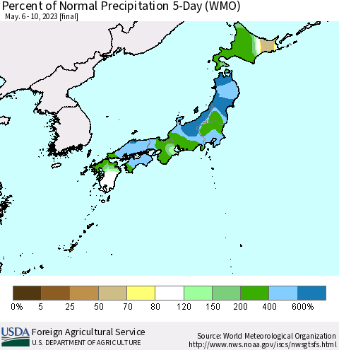 Japan Percent of Normal Precipitation 5-Day (WMO) Thematic Map For 5/6/2023 - 5/10/2023