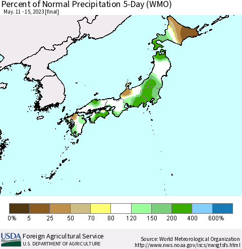 Japan Percent of Normal Precipitation 5-Day (WMO) Thematic Map For 5/11/2023 - 5/15/2023