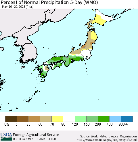 Japan Percent of Normal Precipitation 5-Day (WMO) Thematic Map For 5/16/2023 - 5/20/2023