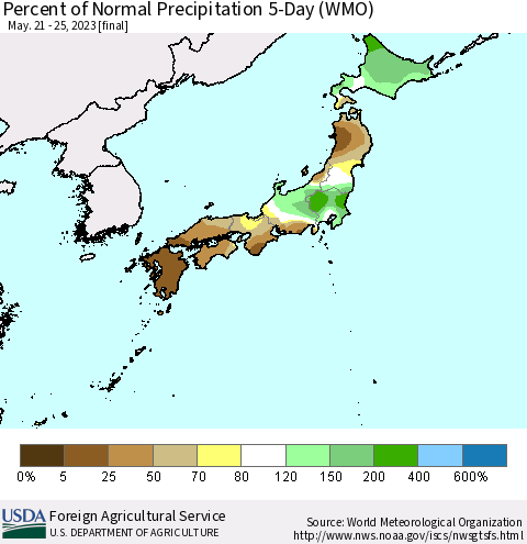 Japan Percent of Normal Precipitation 5-Day (WMO) Thematic Map For 5/21/2023 - 5/25/2023