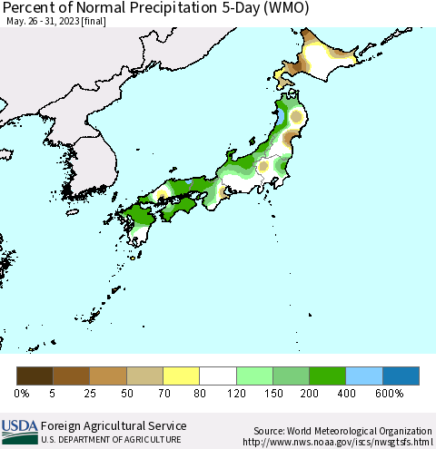 Japan Percent of Normal Precipitation 5-Day (WMO) Thematic Map For 5/26/2023 - 5/31/2023