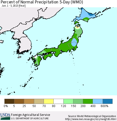 Japan Percent of Normal Precipitation 5-Day (WMO) Thematic Map For 6/1/2023 - 6/5/2023