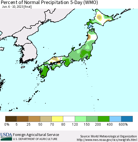 Japan Percent of Normal Precipitation 5-Day (WMO) Thematic Map For 6/6/2023 - 6/10/2023