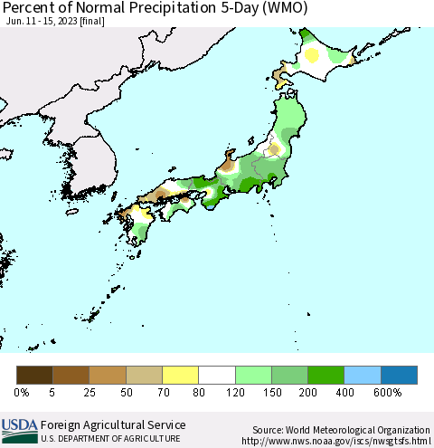Japan Percent of Normal Precipitation 5-Day (WMO) Thematic Map For 6/11/2023 - 6/15/2023
