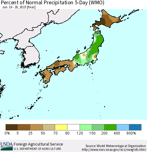 Japan Percent of Normal Precipitation 5-Day (WMO) Thematic Map For 6/16/2023 - 6/20/2023