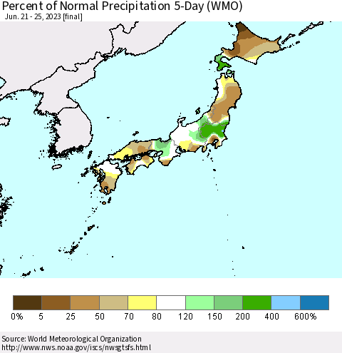 Japan Percent of Normal Precipitation 5-Day (WMO) Thematic Map For 6/21/2023 - 6/25/2023