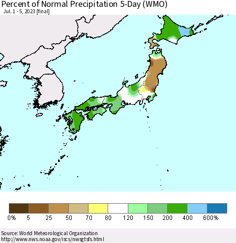 Japan Percent of Normal Precipitation 5-Day (WMO) Thematic Map For 7/1/2023 - 7/5/2023