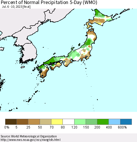 Japan Percent of Normal Precipitation 5-Day (WMO) Thematic Map For 7/6/2023 - 7/10/2023