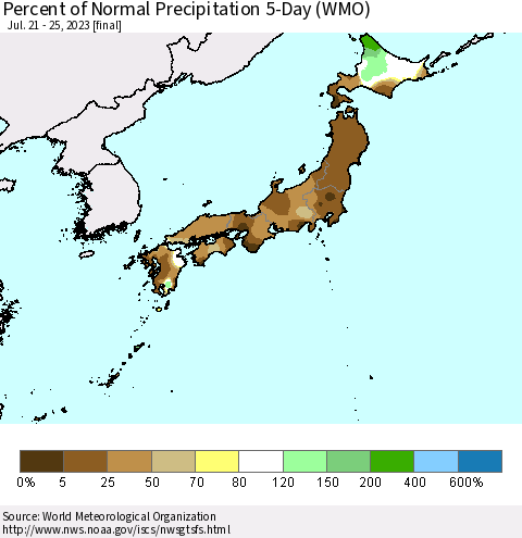 Japan Percent of Normal Precipitation 5-Day (WMO) Thematic Map For 7/21/2023 - 7/25/2023